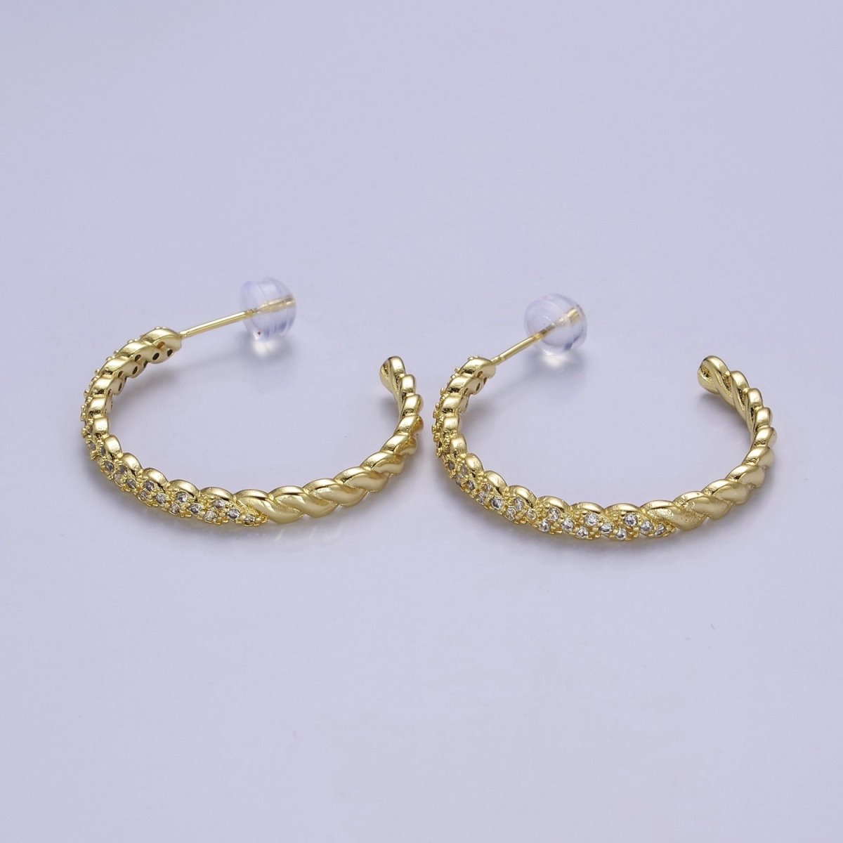 24K Gold Filled Micro Paved CZ Twisted 16mm, 24mm, 30mm C Shaped Stud Hoops Earrings | V-173-V-175 - DLUXCA