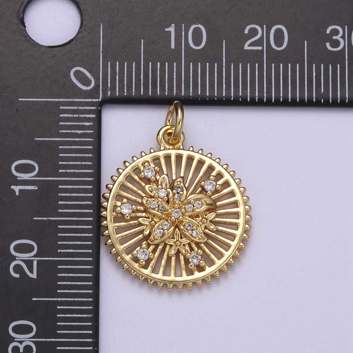 24K Gold Filled Micro Paved Flower Bars Spiked Round Medallion Charm | N383 - DLUXCA