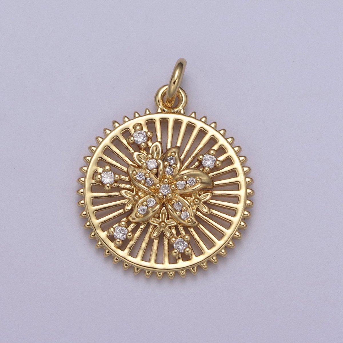 24K Gold Filled Micro Paved Flower Bars Spiked Round Medallion Charm | N383 - DLUXCA