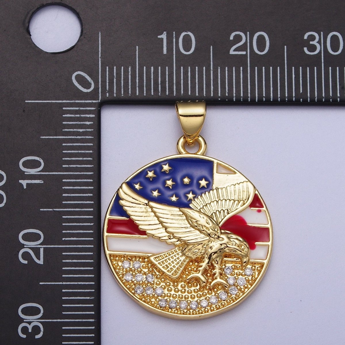 24K Gold Filled Micro Paved Flying Eagle American Flag Enamel Round Pendant I-214 - DLUXCA