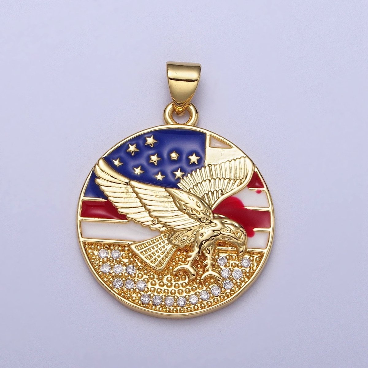 24K Gold Filled Micro Paved Flying Eagle American Flag Enamel Round Pendant I-214 - DLUXCA