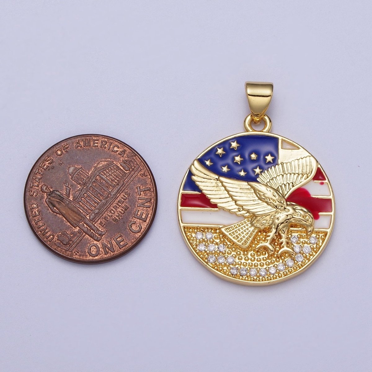 24K Gold Filled Micro Paved Flying Eagle American Flag Enamel Round Pendant I-214 - DLUXCA