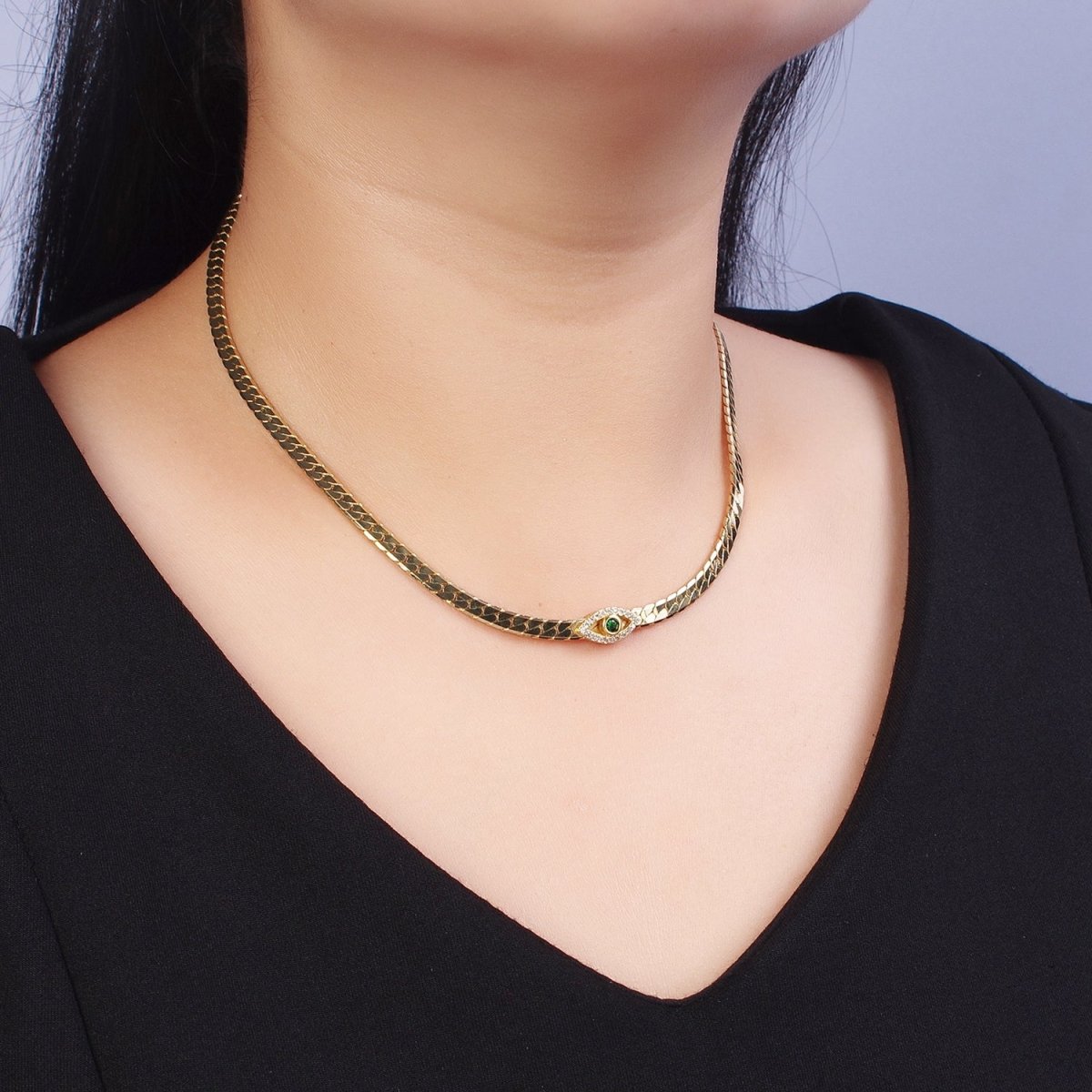 24k Gold Filled Micro Paved Green Evil Eye Herringbone Snake 15 Inch Choker Necklace | WA-1294 Clearance Pricing - DLUXCA