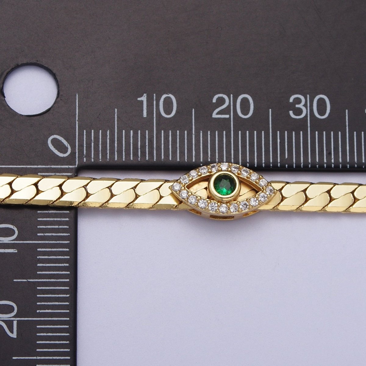 24k Gold Filled Micro Paved Green Evil Eye Herringbone Snake 15 Inch Choker Necklace | WA-1294 Clearance Pricing - DLUXCA