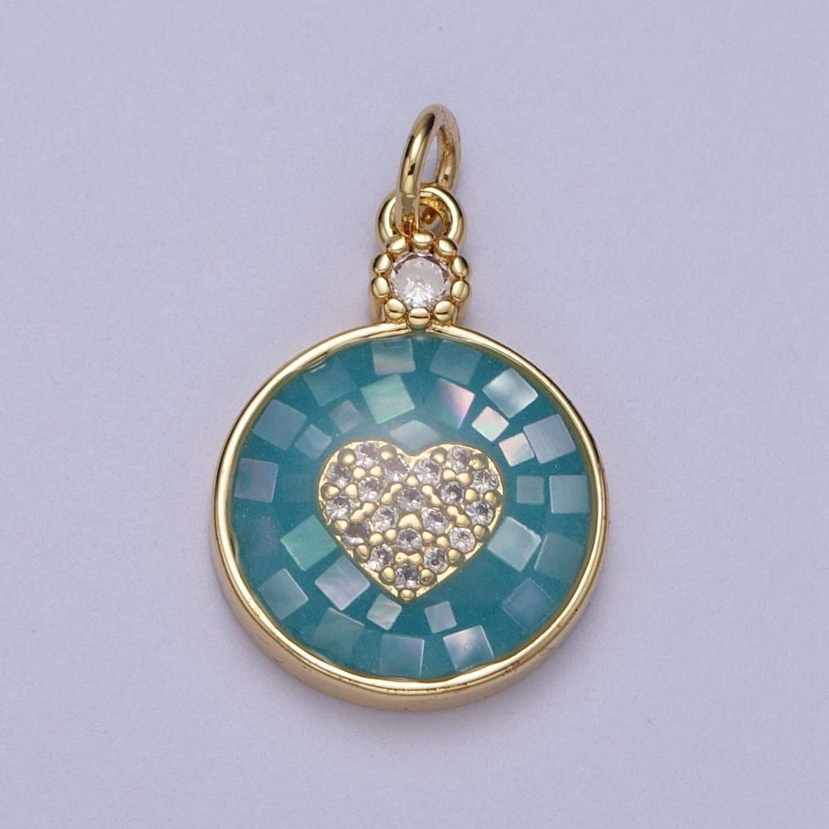 24K Gold Filled Micro Paved Heart Teal, White, Green, Pink Shell Opal Round Charm C-133 C-136 C-138 C-149 - DLUXCA