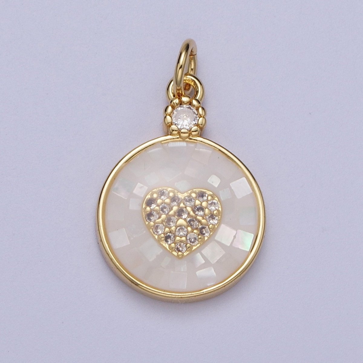 24K Gold Filled Micro Paved Heart Teal, White, Green, Pink Shell Opal Round Charm C-133 C-136 C-138 C-149 - DLUXCA