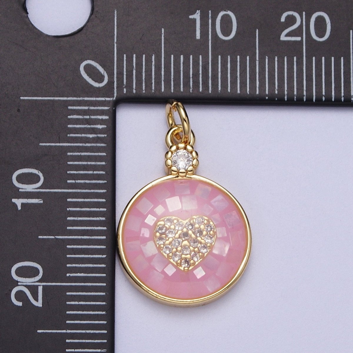 24K Gold Filled Micro Paved Heart Teal, White, Green, Pink Shell Opal Round Charm C-133 C-136 C-138 C-149 - DLUXCA