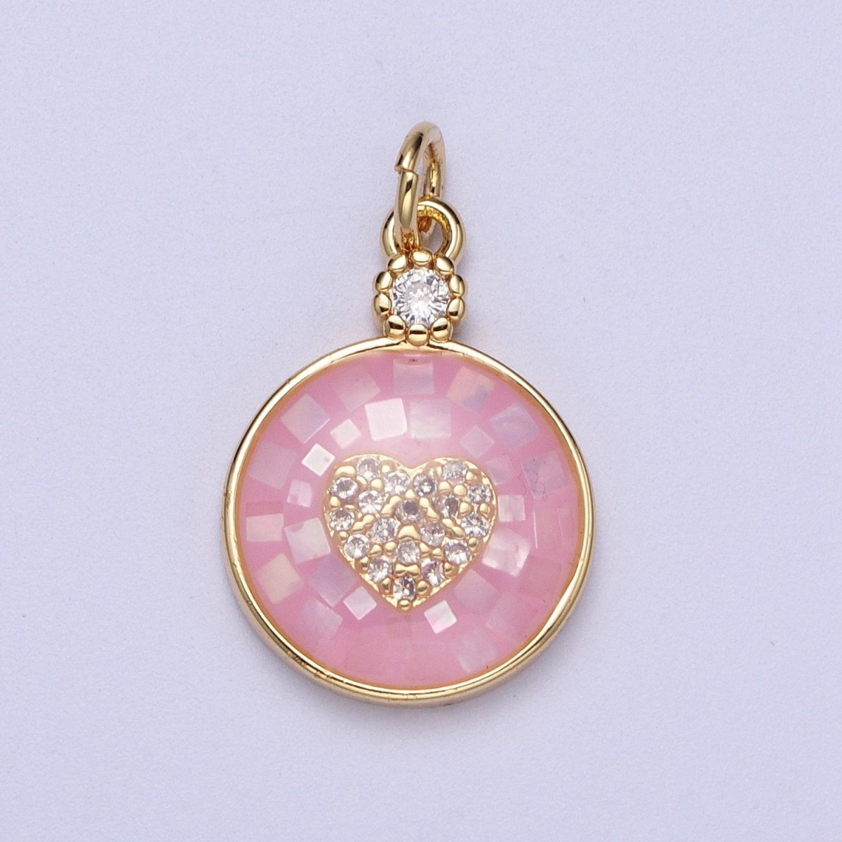 24K Gold Filled Micro Paved Heart Teal, White, Green, Pink Shell Opal Round Charm C-133 C-136 C-138 C-149 - DLUXCA