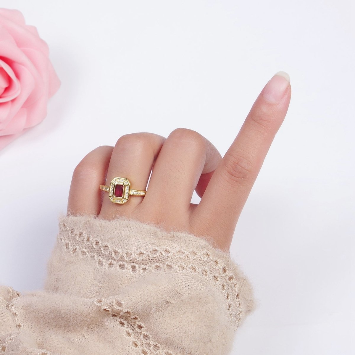24K Gold Filled Micro Paved Octagonal Adjustable Ring with Fuchsia Baguette Cubic Zirconia | X-562 - DLUXCA
