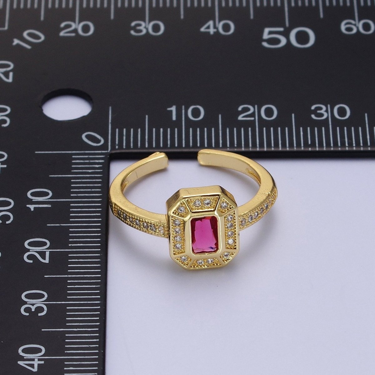24K Gold Filled Micro Paved Octagonal Adjustable Ring with Fuchsia Baguette Cubic Zirconia | X-562 - DLUXCA