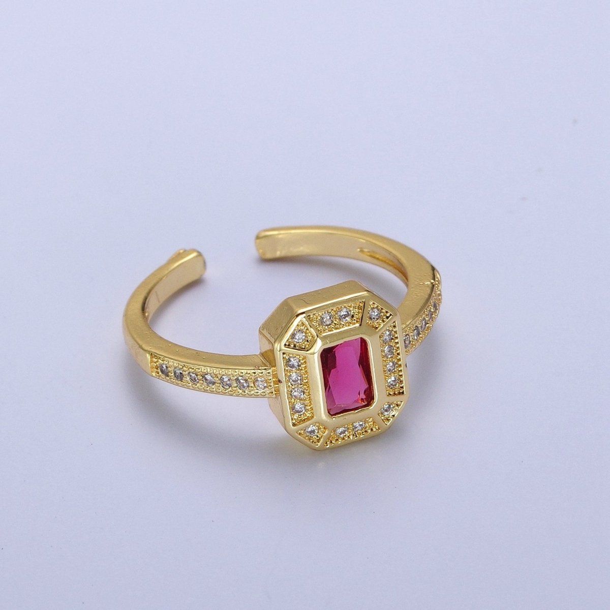 24K Gold Filled Micro Paved Octagonal Adjustable Ring with Fuchsia Baguette Cubic Zirconia | X-562 - DLUXCA