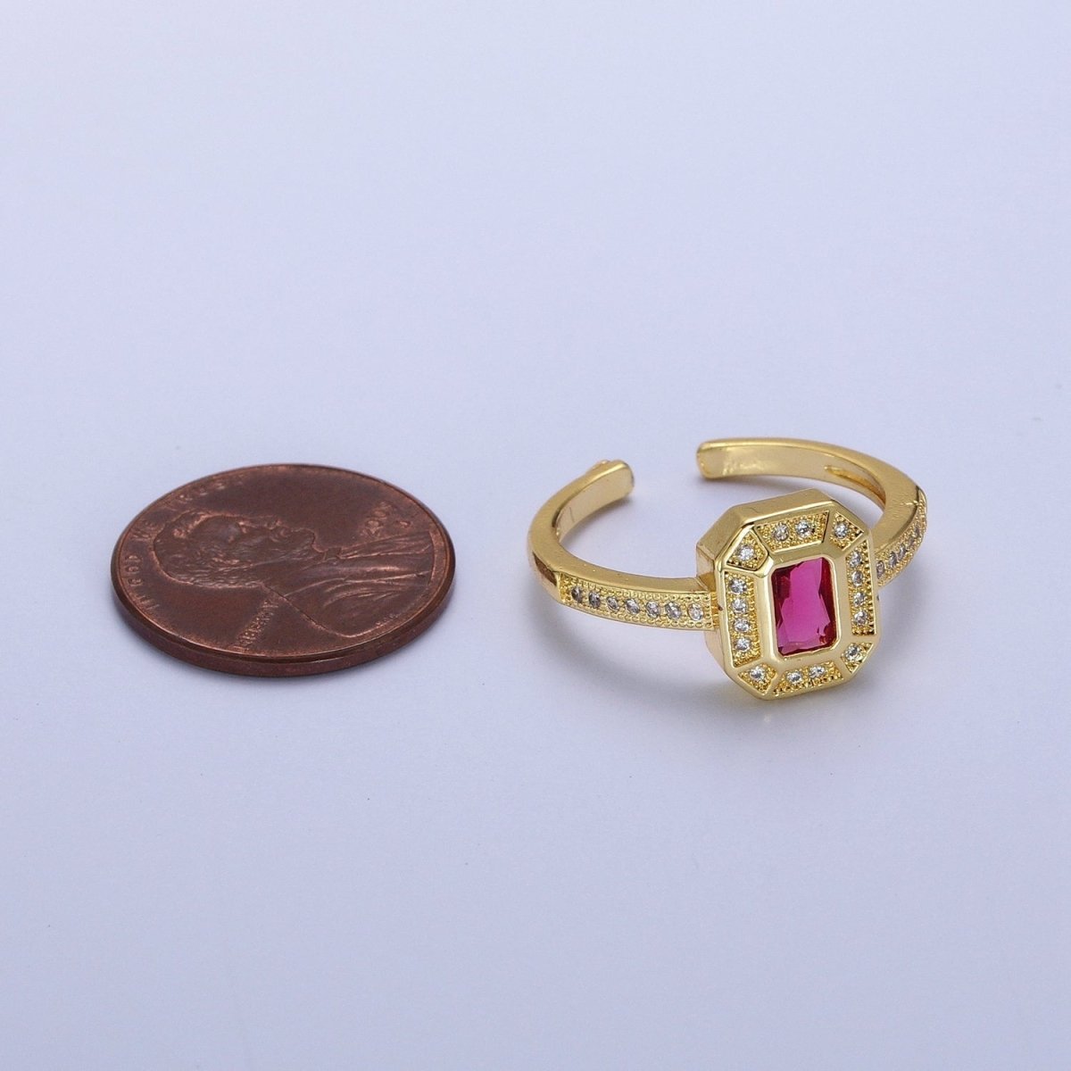 24K Gold Filled Micro Paved Octagonal Adjustable Ring with Fuchsia Baguette Cubic Zirconia | X-562 - DLUXCA