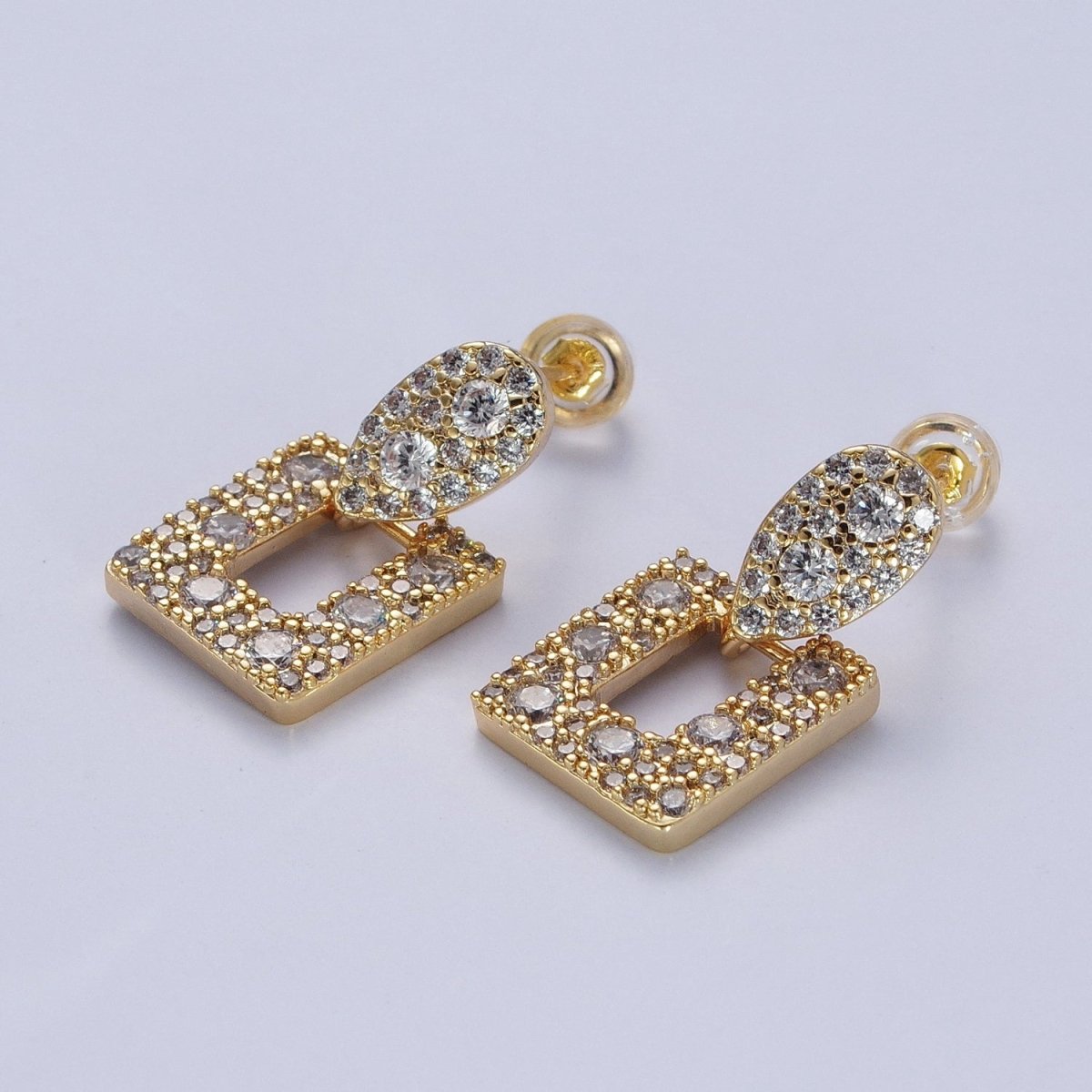 24K Gold Filled Micro Paved Open Rectangular Dangle Drop Teardrop Stud Earrings | X-864 - DLUXCA