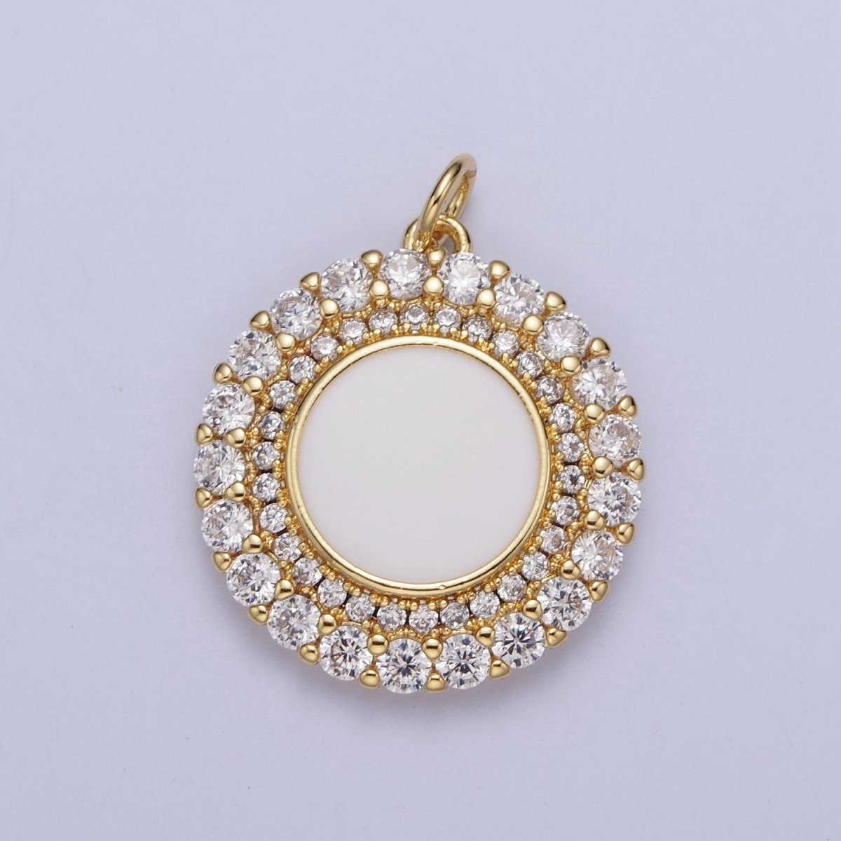 24K Gold Filled Micro Paved Round Lining Round White Enamel Coin Charm | M-495 - DLUXCA