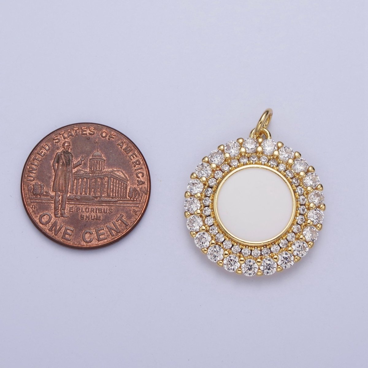 24K Gold Filled Micro Paved Round Lining Round White Enamel Coin Charm | M-495 - DLUXCA