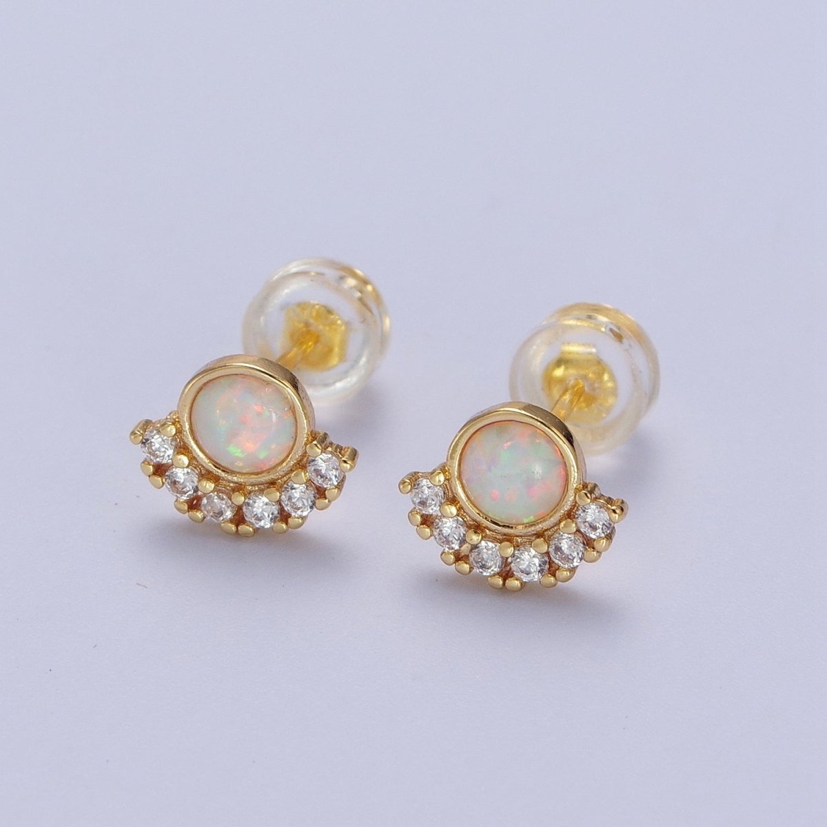 24K Gold Filled Micro Paved Round White Opal Stud Earrings | Y-152 - DLUXCA