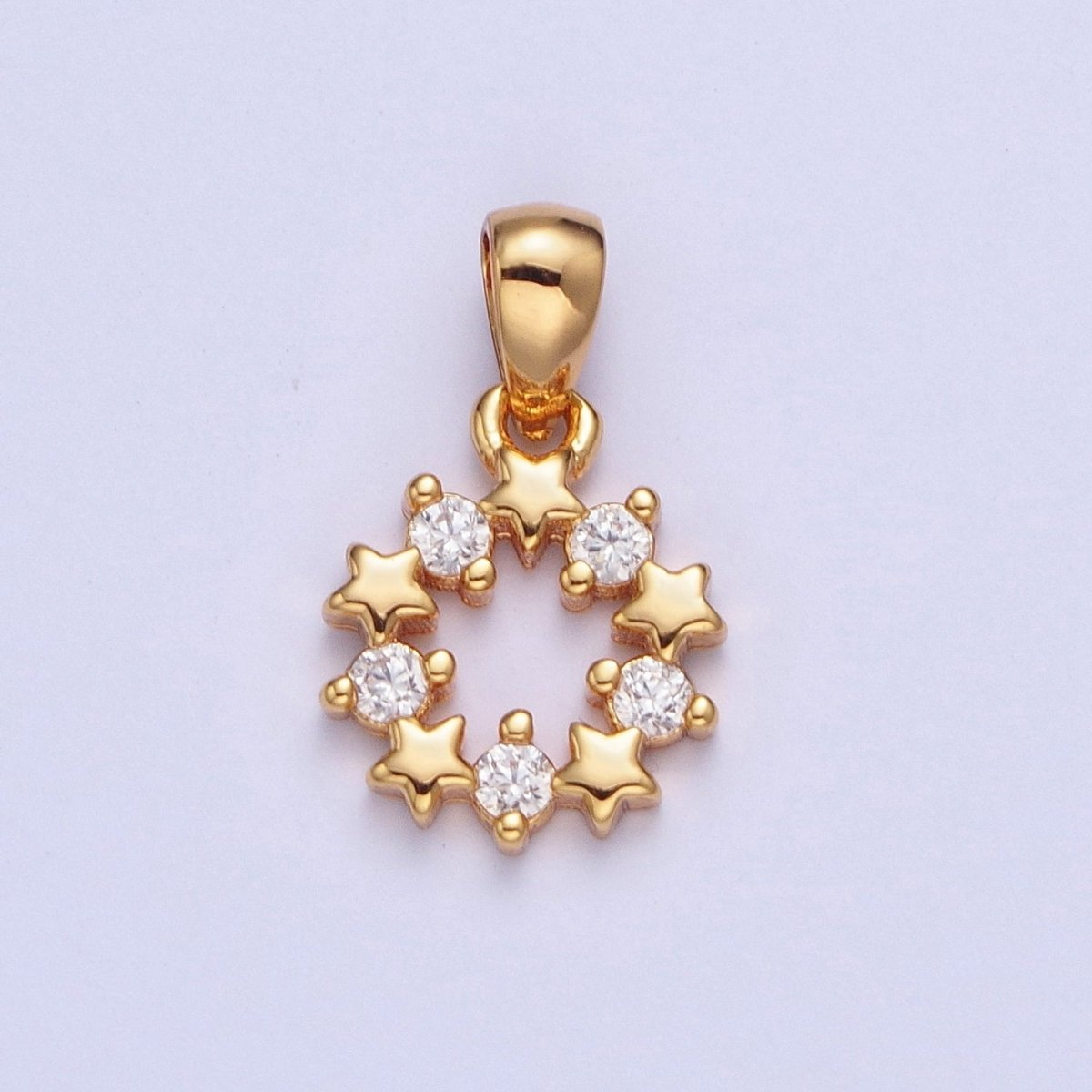 24K Gold Filled Mini Round Open Celestial Star Cubic Zirconia Open Round Medallion Pendant Charm X-449 - DLUXCA