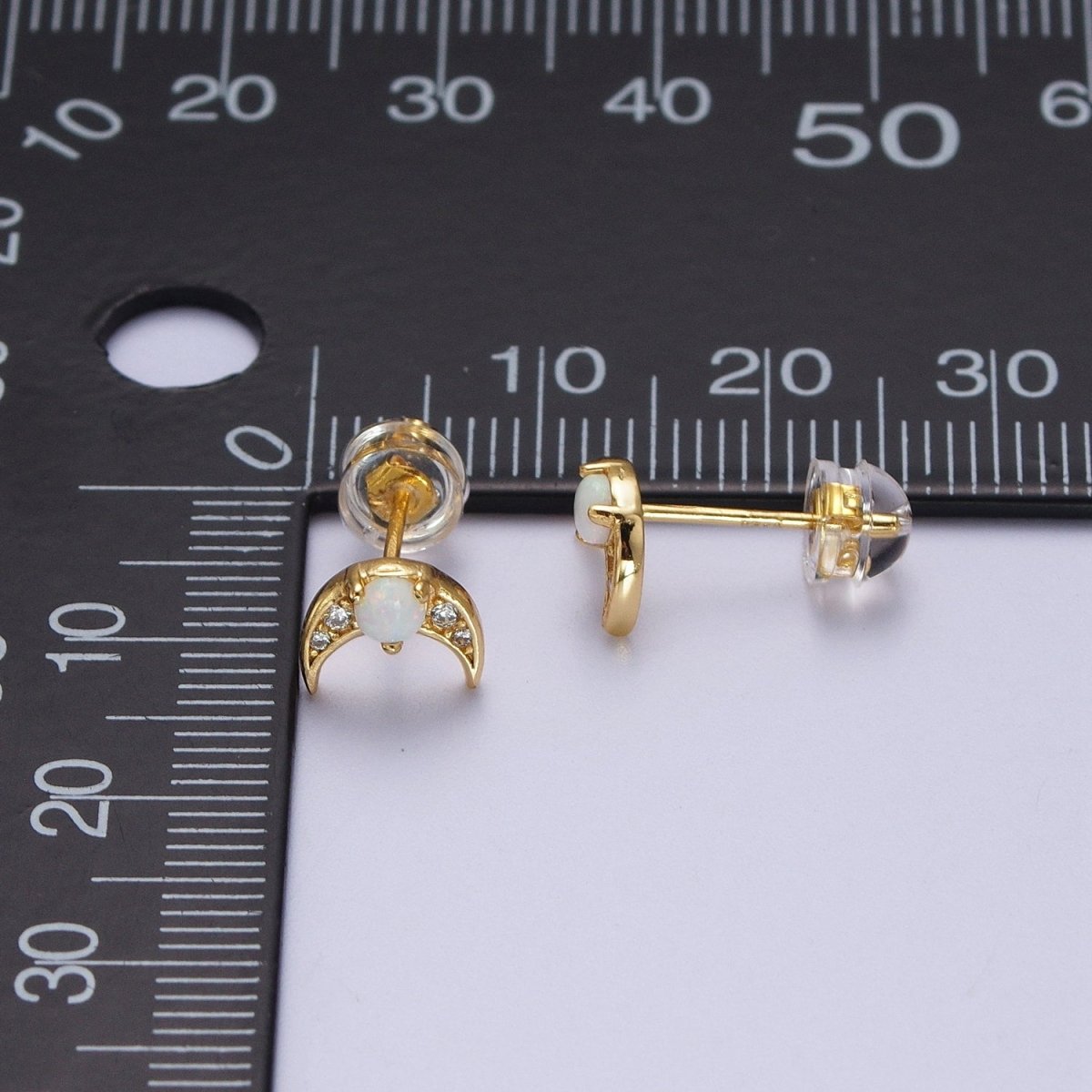 24K Gold Filled Mini White Opal Micro Paved CZ Crescent Moon Stud Earrings | Y-225 - DLUXCA