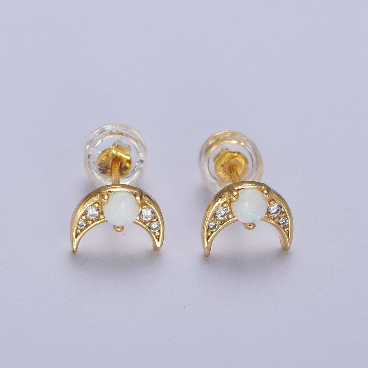 24K Gold Filled Mini White Opal Micro Paved CZ Crescent Moon Stud Earrings | Y-225 - DLUXCA