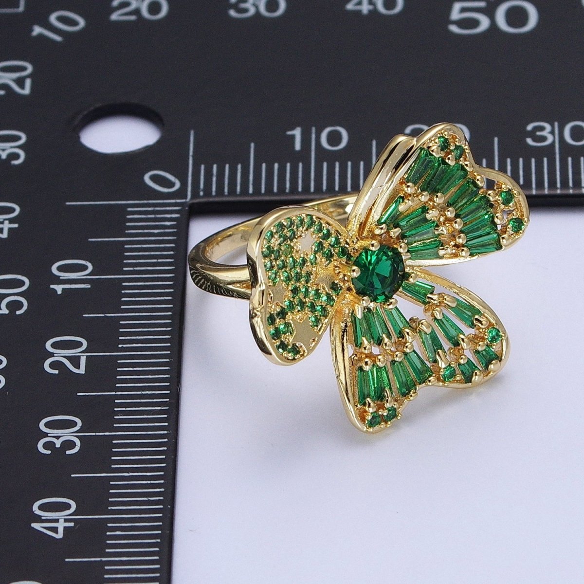 24K Gold Filled Minimalist Green Bow Flower Clover Heart Green Baguette Ring S-241 - DLUXCA