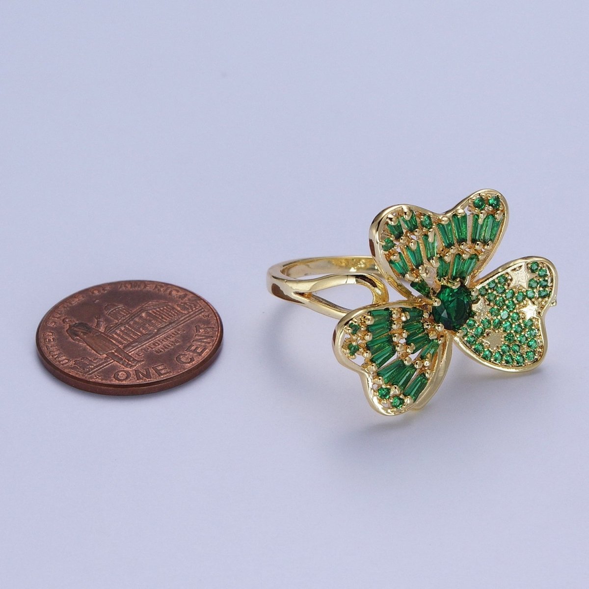 24K Gold Filled Minimalist Green Bow Flower Clover Heart Green Baguette Ring S-241 - DLUXCA