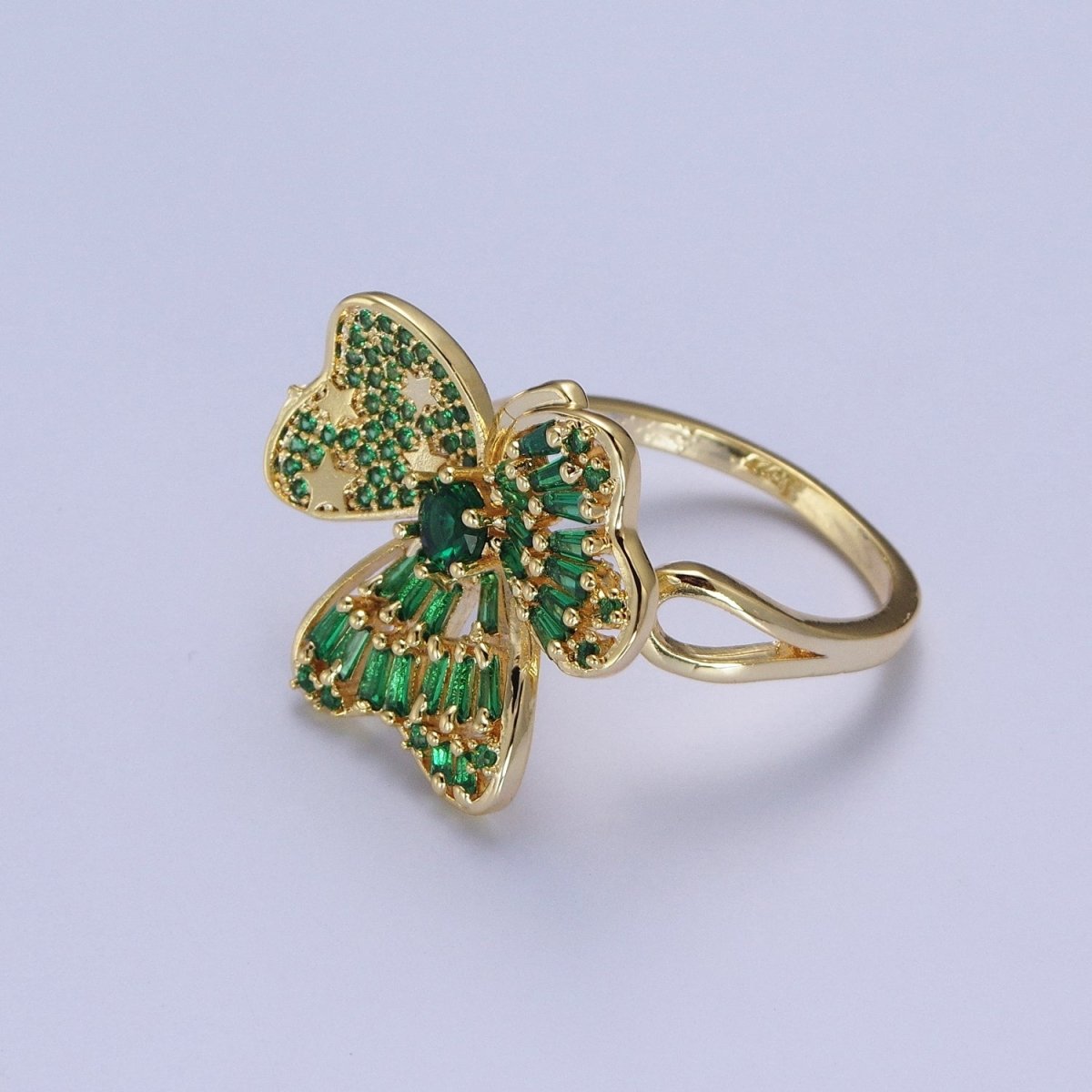 24K Gold Filled Minimalist Green Bow Flower Clover Heart Green Baguette Ring S-241 - DLUXCA