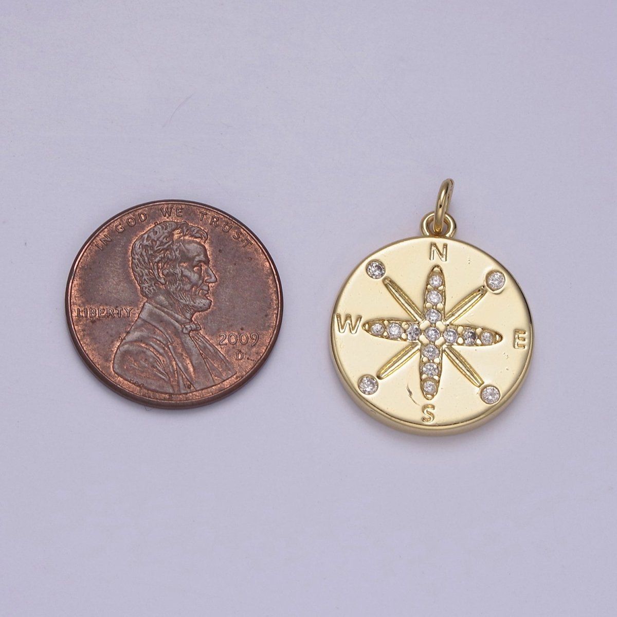 24K Gold Filled Minimalist Travelers Compass Medallion Charm CZ N-847 - DLUXCA