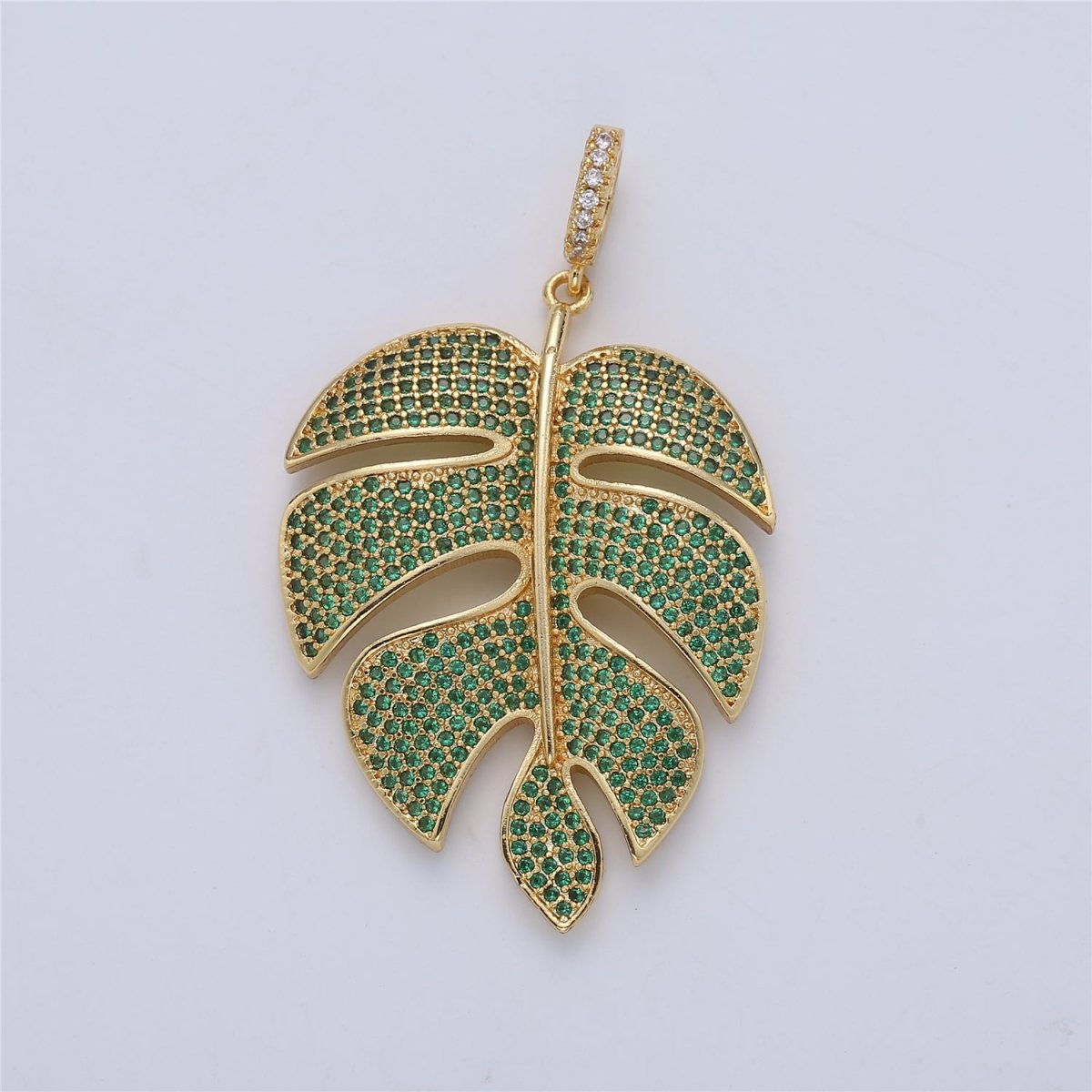 24K Gold Filled Monstera Palm Leaf Green Mircro Paved CZ Pendant I-165 - DLUXCA