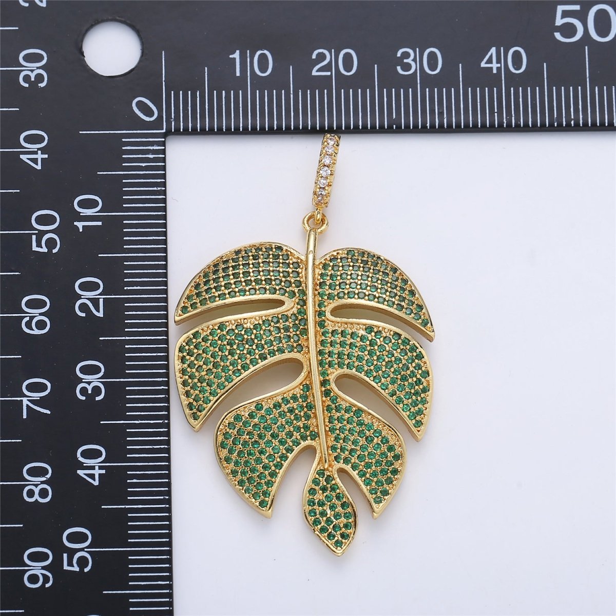 24K Gold Filled Monstera Palm Leaf Green Mircro Paved CZ Pendant I-165 - DLUXCA