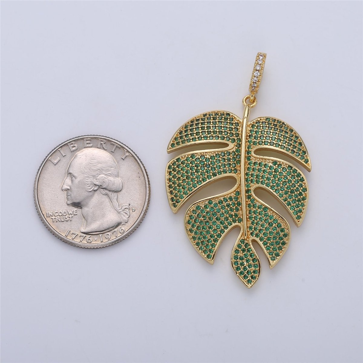 24K Gold Filled Monstera Palm Leaf Green Mircro Paved CZ Pendant I-165 - DLUXCA