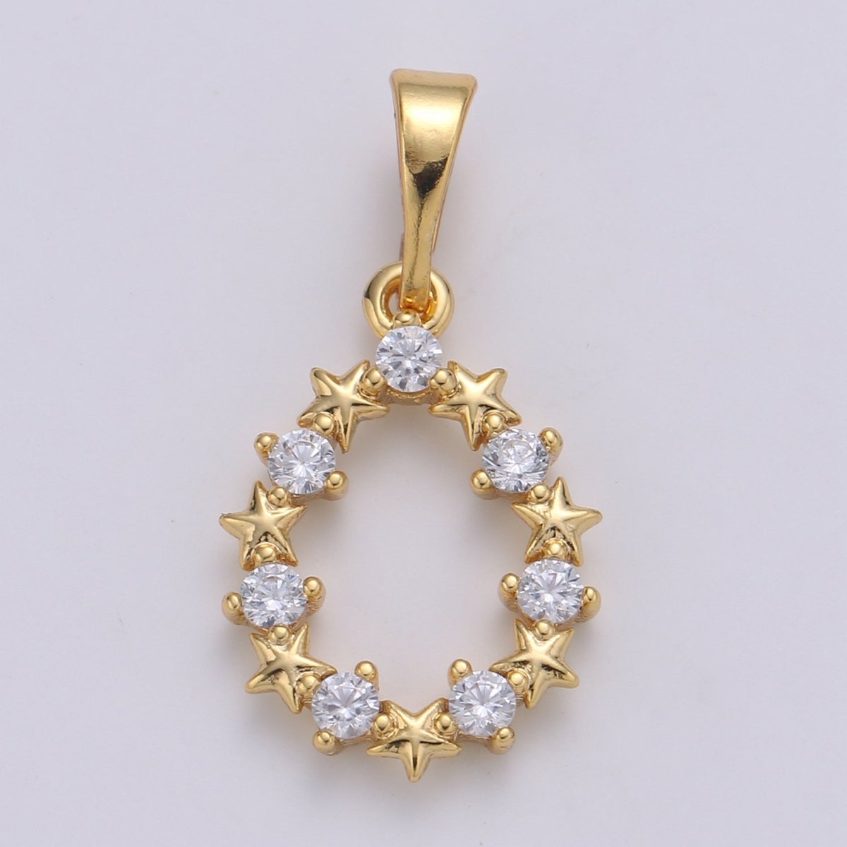 24K Gold Filled Moon And Star cubic Wreath Charm, Micro Pave CZ Oval Pendant, Pendant, J-224 - DLUXCA