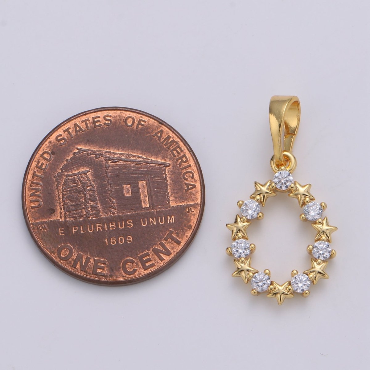 24K Gold Filled Moon And Star cubic Wreath Charm, Micro Pave CZ Oval Pendant, Pendant, J-224 - DLUXCA