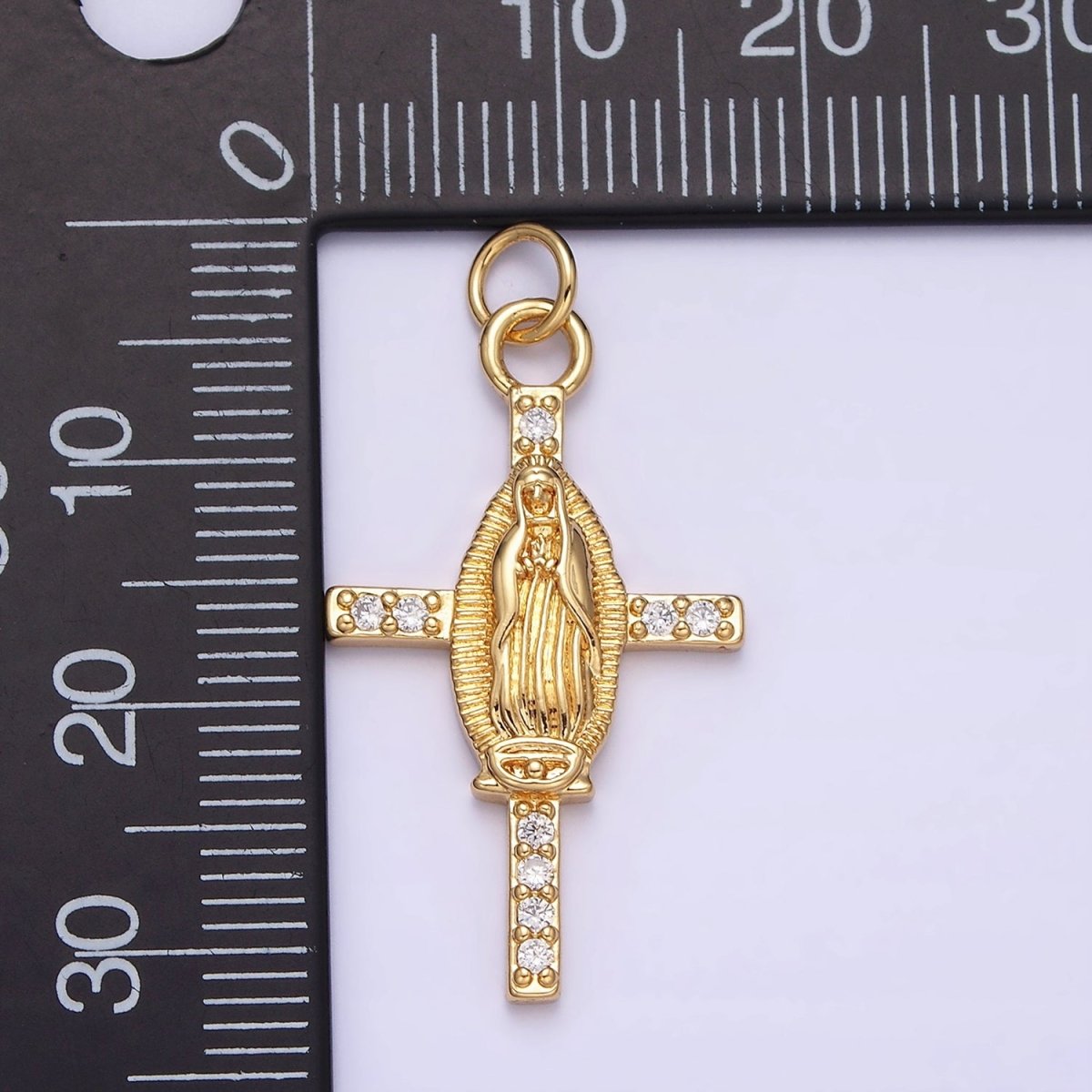 24K Gold Filled Mother Mary Micro Paved CZ Religious Cross Charm | AC1134 - DLUXCA