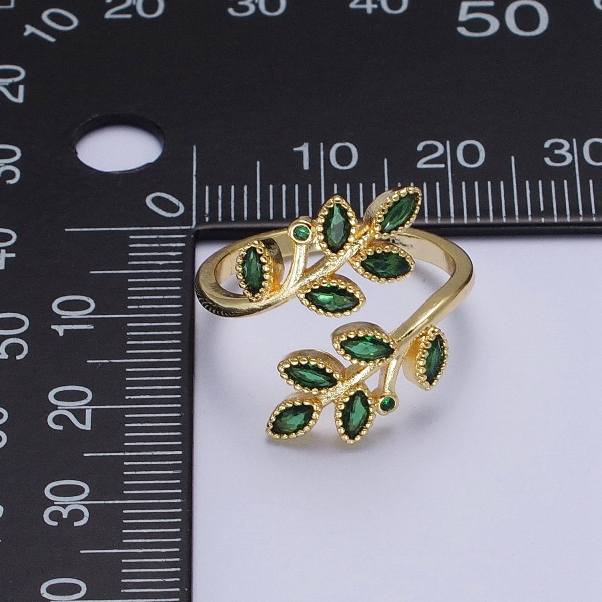 24K Gold Filled Mother Nature Vine Leaves Green Cubic Zirconia Adjustable Open Ring | X-605 - DLUXCA