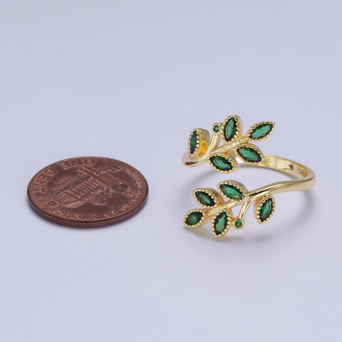 24K Gold Filled Mother Nature Vine Leaves Green Cubic Zirconia Adjustable Open Ring | X-605 - DLUXCA