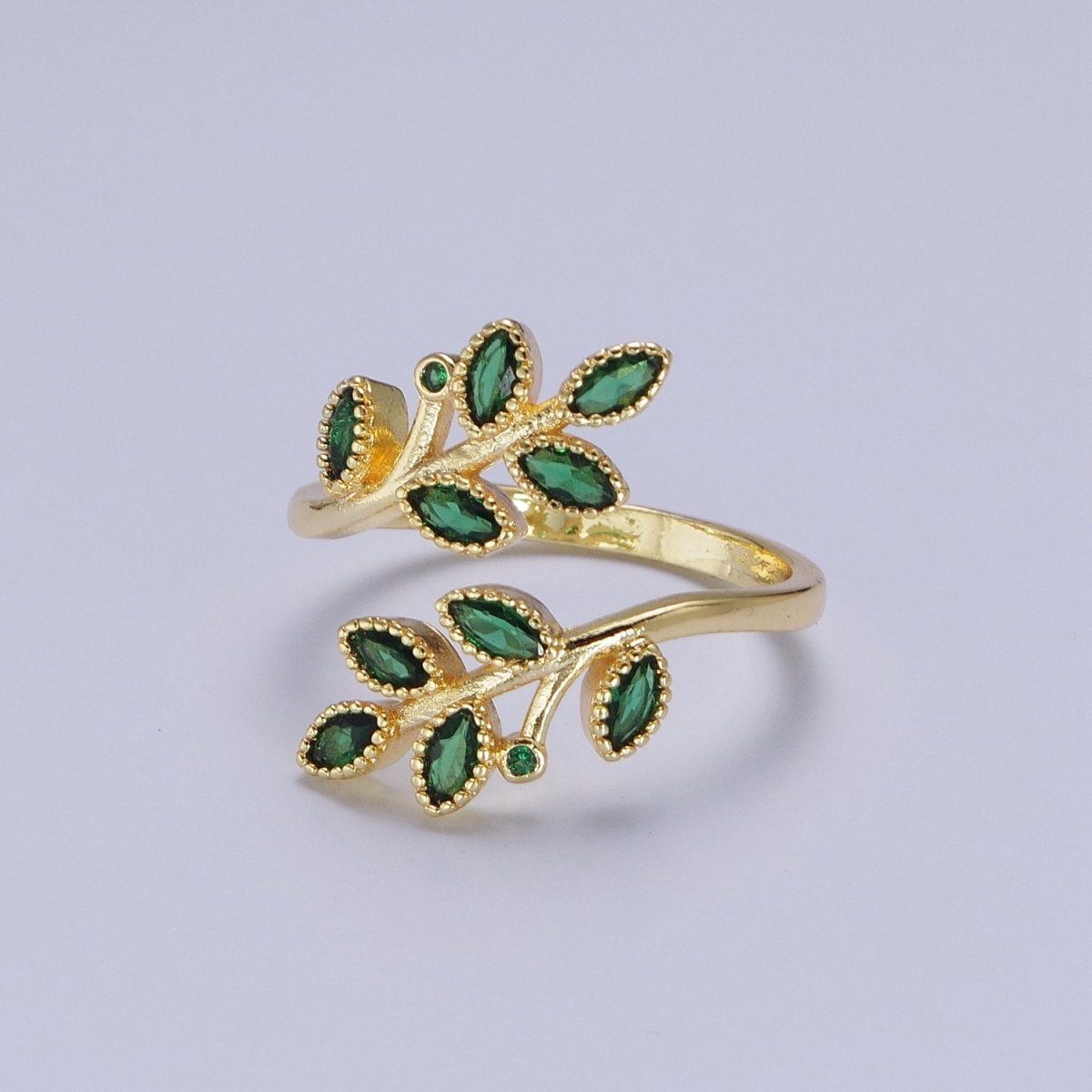24K Gold Filled Mother Nature Vine Leaves Green Cubic Zirconia Adjustable Open Ring | X-605 - DLUXCA