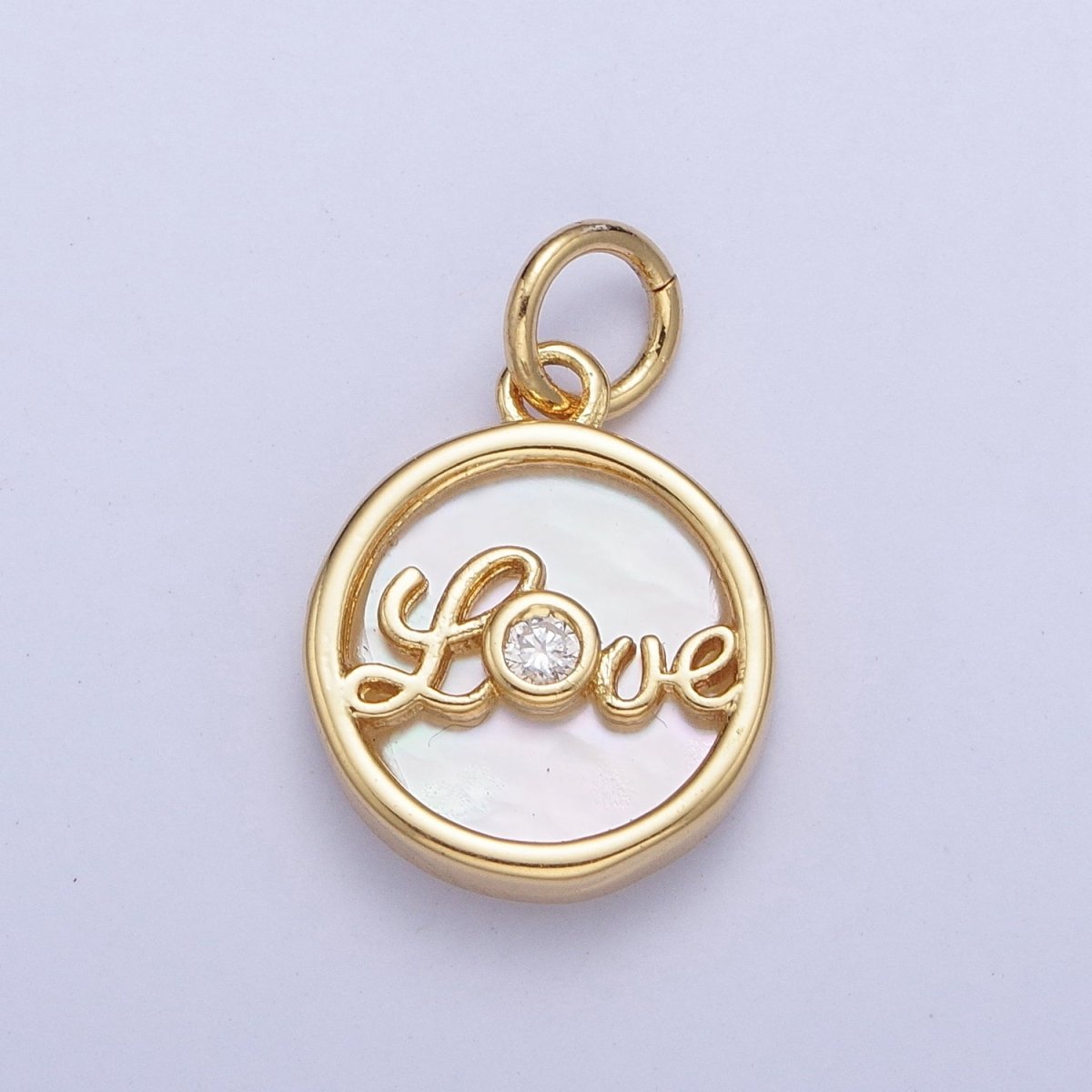 24K Gold Filled Mother of Pearl Love Script Round Coin Charm AG-074 - DLUXCA