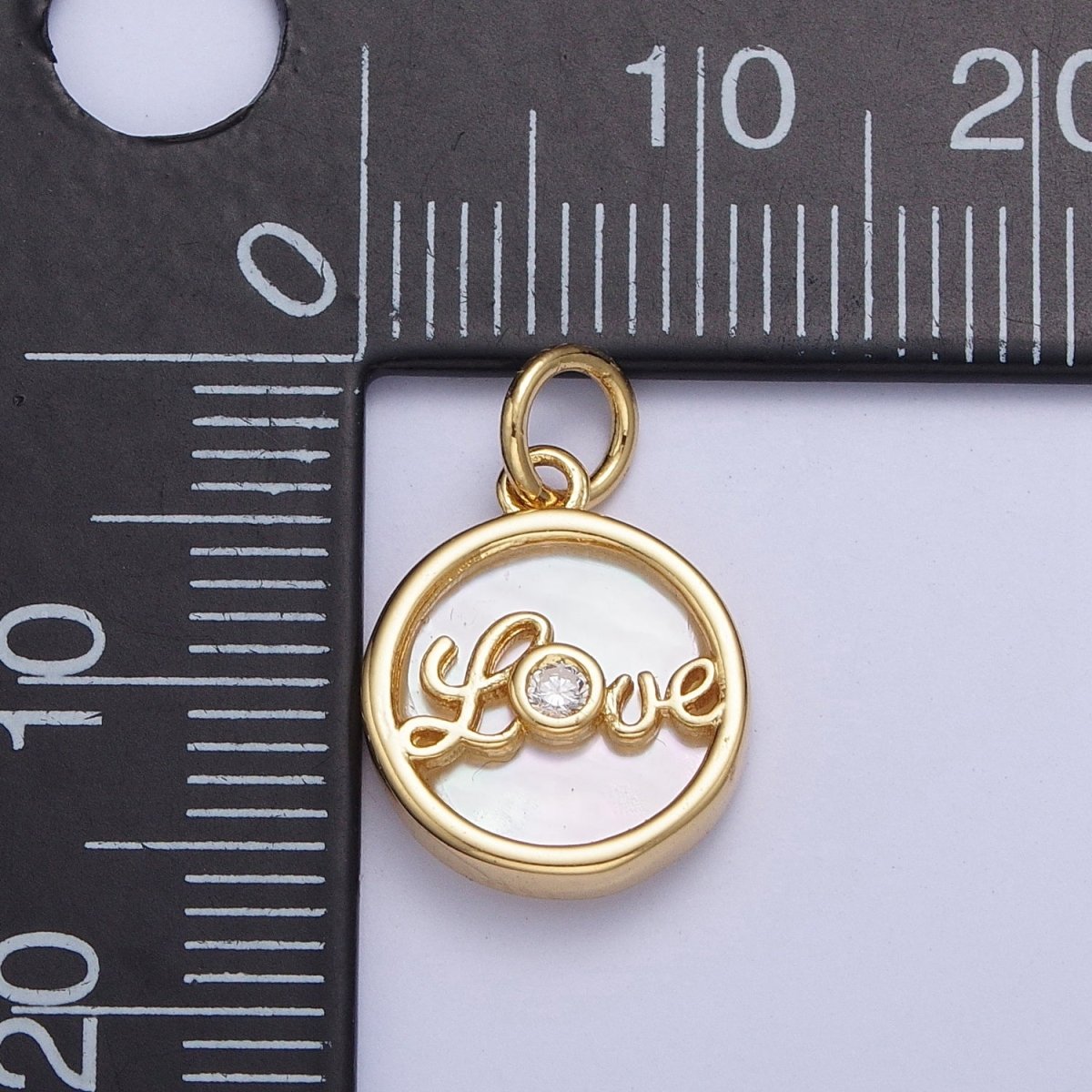 24K Gold Filled Mother of Pearl Love Script Round Coin Charm AG-074 - DLUXCA