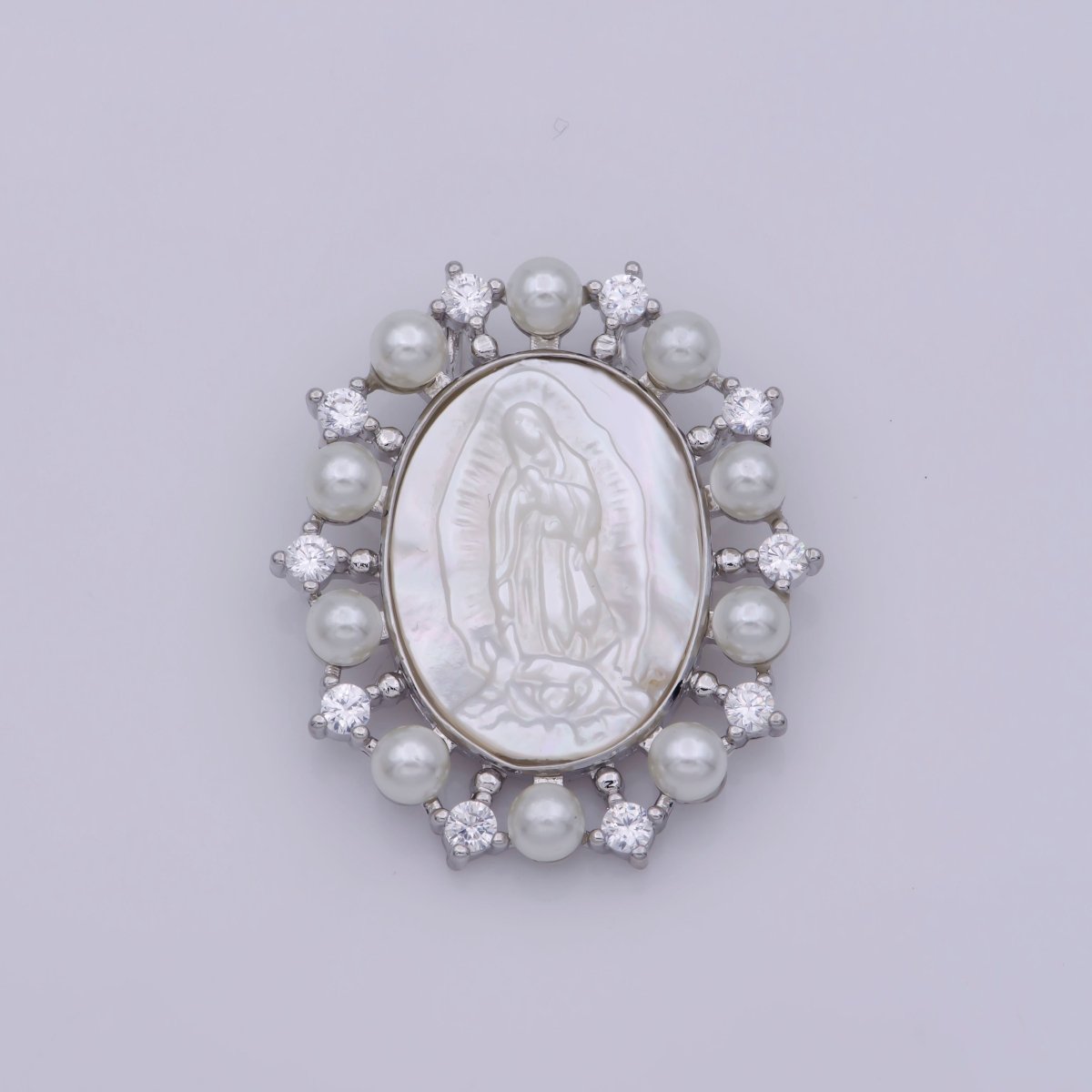 24K Gold Filled Mother of Pearl Virgin Mary Lady Guadalupe Oval Charm in Gold & Silver | M-919 M-920 - DLUXCA