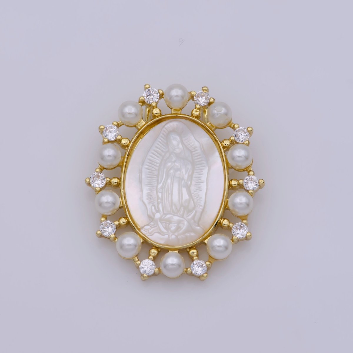 24K Gold Filled Mother of Pearl Virgin Mary Lady Guadalupe Oval Charm in Gold & Silver | M-919 M-920 - DLUXCA