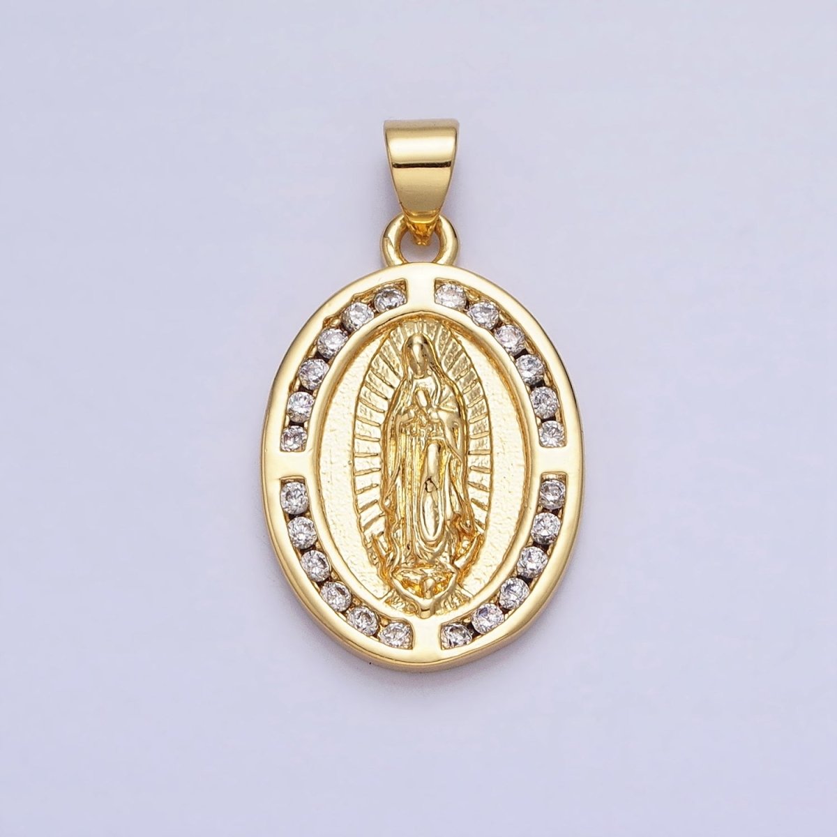 24K Gold Filled Mother Virgin Mary Guadalupe CZ Lined Oval Religious Pendant | AA234 - DLUXCA