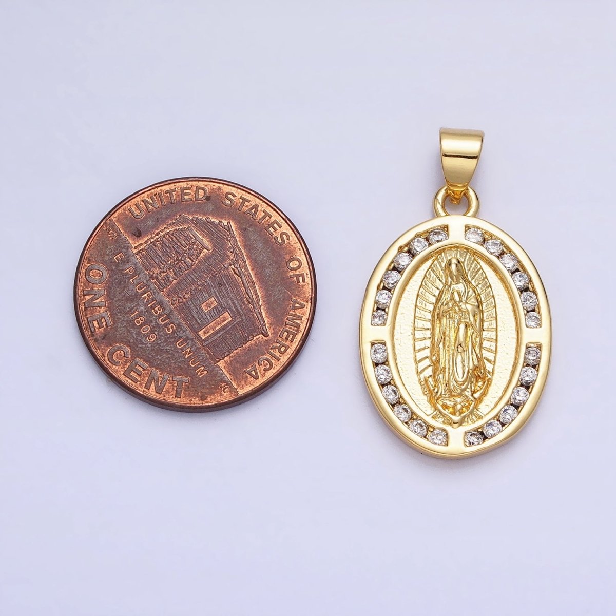 24K Gold Filled Mother Virgin Mary Guadalupe CZ Lined Oval Religious Pendant | AA234 - DLUXCA