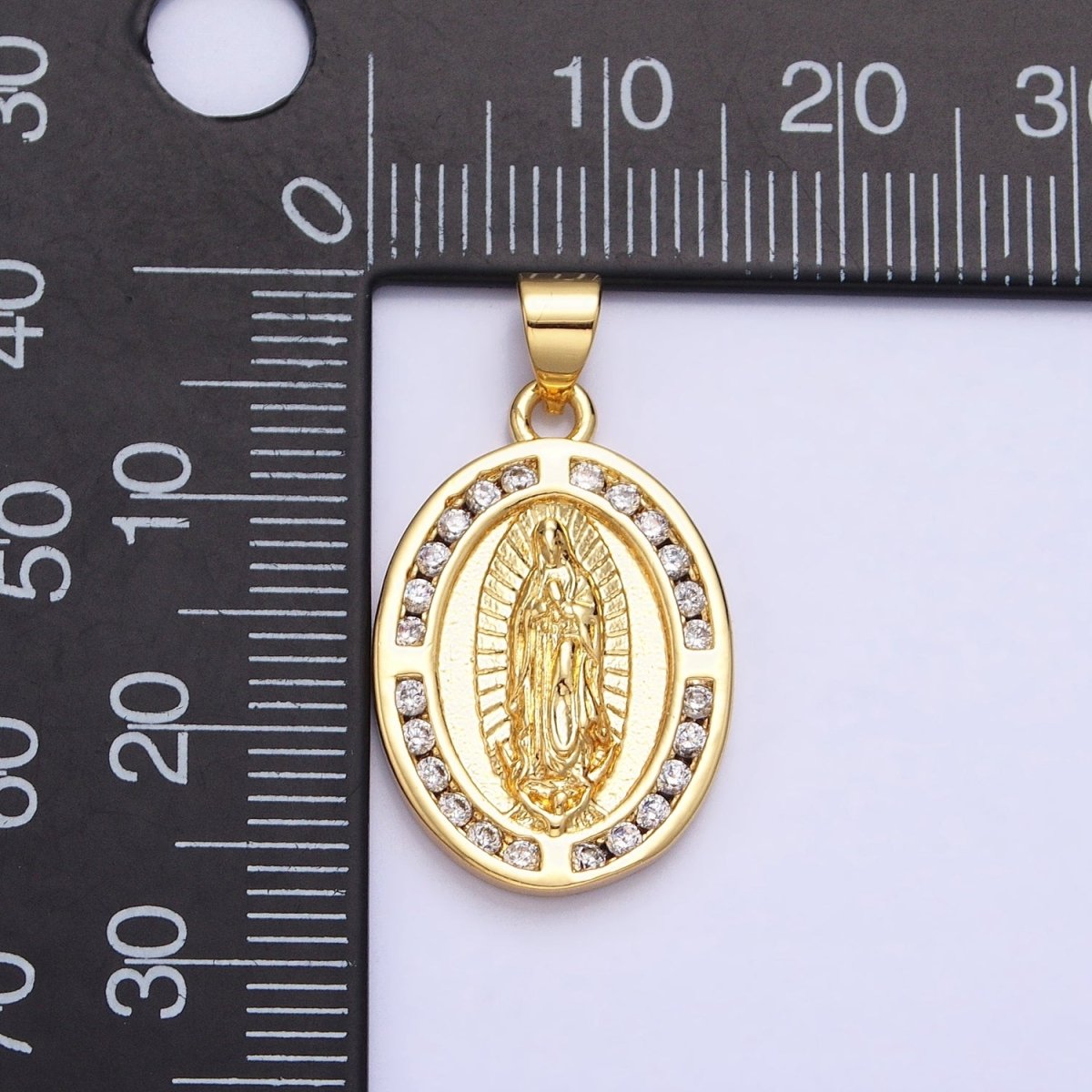 24K Gold Filled Mother Virgin Mary Guadalupe CZ Lined Oval Religious Pendant | AA234 - DLUXCA