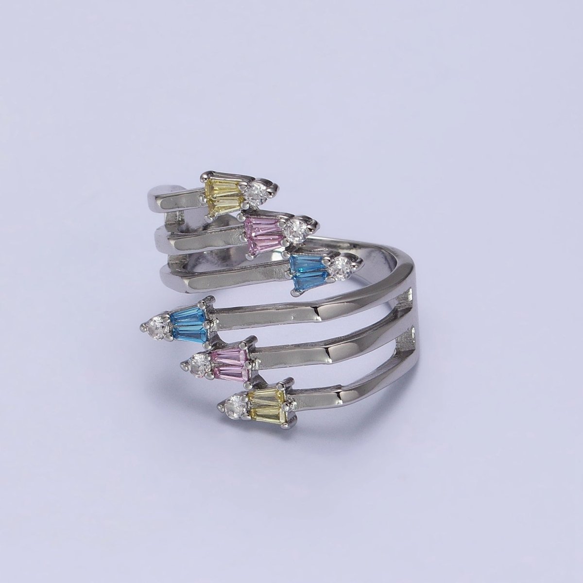 24K Gold Filled Multi Band Claw Multicolor CZ Baguette Statement Ring in Gold & Silver | Y-577 Y-578 - DLUXCA