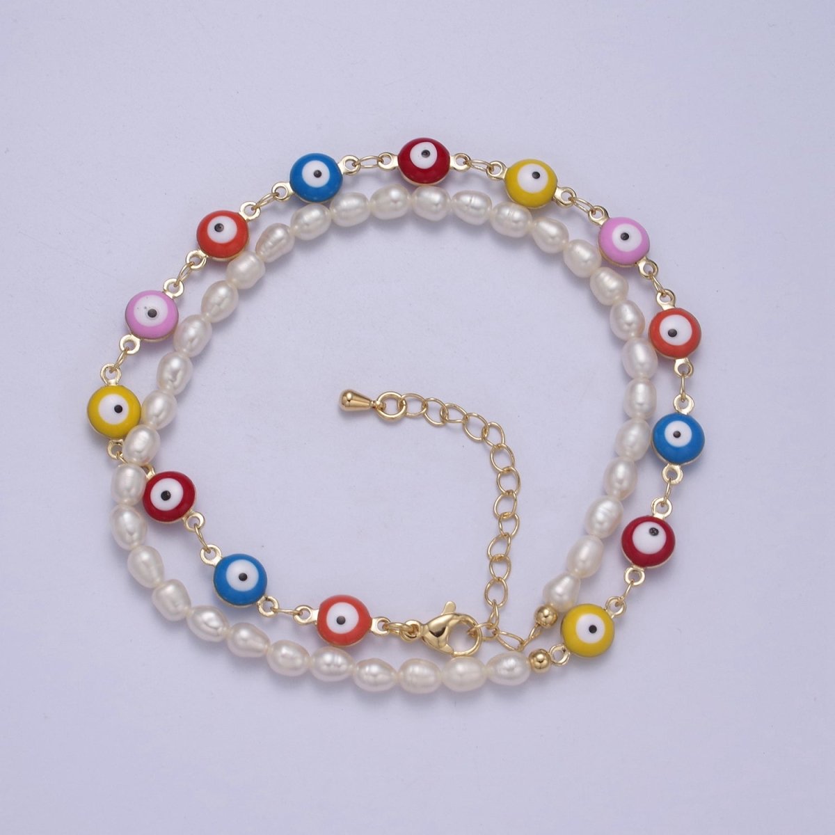 24K Gold Filled Multi Color Evil Eye Beaded Chain Necklace with Pearl Bead Layer WA-675 - DLUXCA