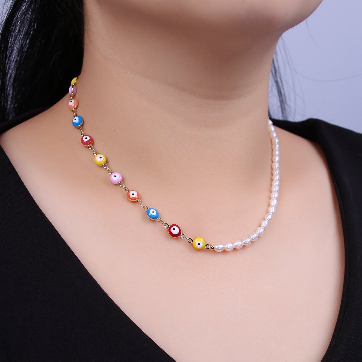 24K Gold Filled Multi Color Evil Eye Beaded Chain Necklace with Pearl Bead Layer WA-675 - DLUXCA