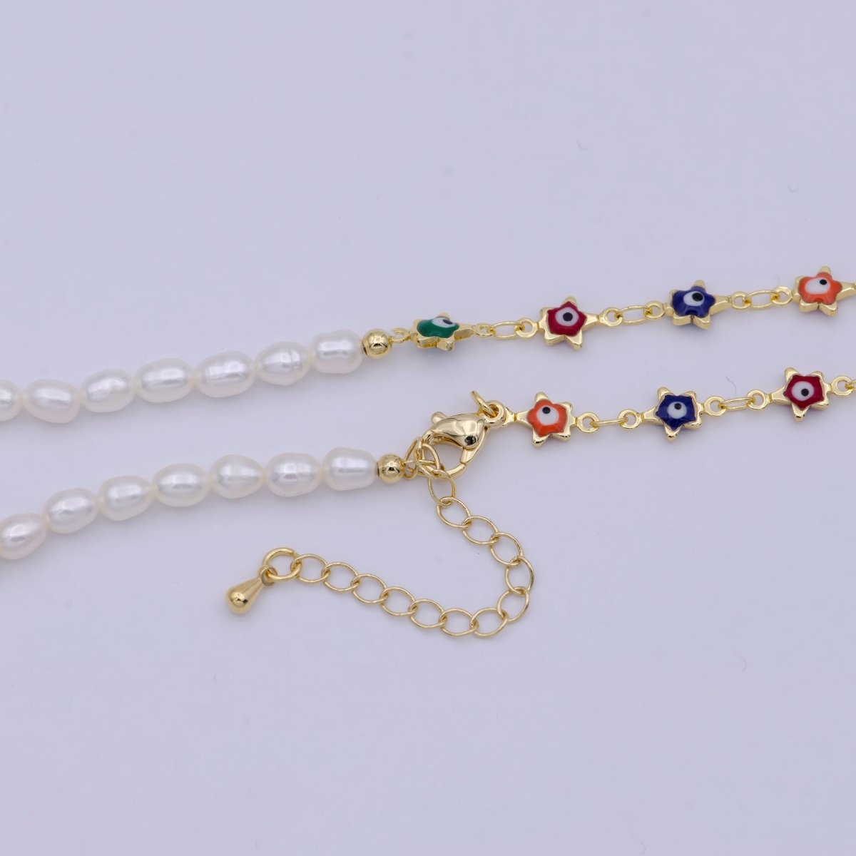 24K Gold Filled Multi Color Evil Eye Chain Necklace with Pearl Bead Layer For Wholesale Jewelry Making Supplies | WA-673 Clearance Pricing - DLUXCA