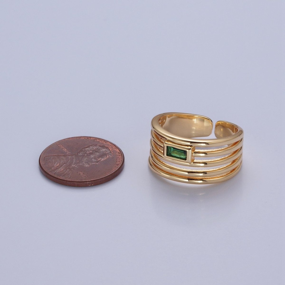 24K Gold Filled Multiband Signet Ring with Emerald Green Baguette CZ Cubic Zirconia O-2284 - DLUXCA