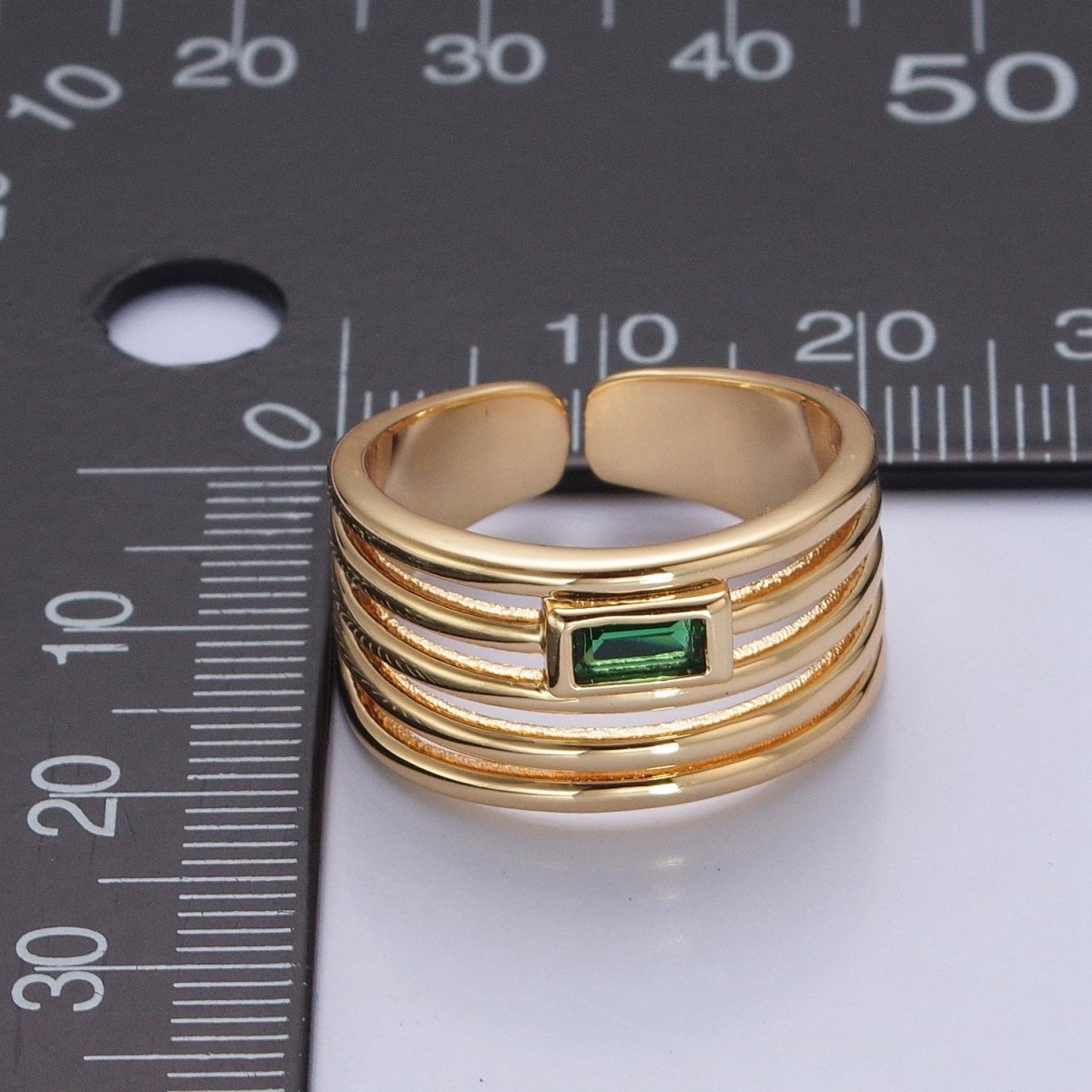 24K Gold Filled Multiband Signet Ring with Emerald Green Baguette CZ Cubic Zirconia O-2284 - DLUXCA