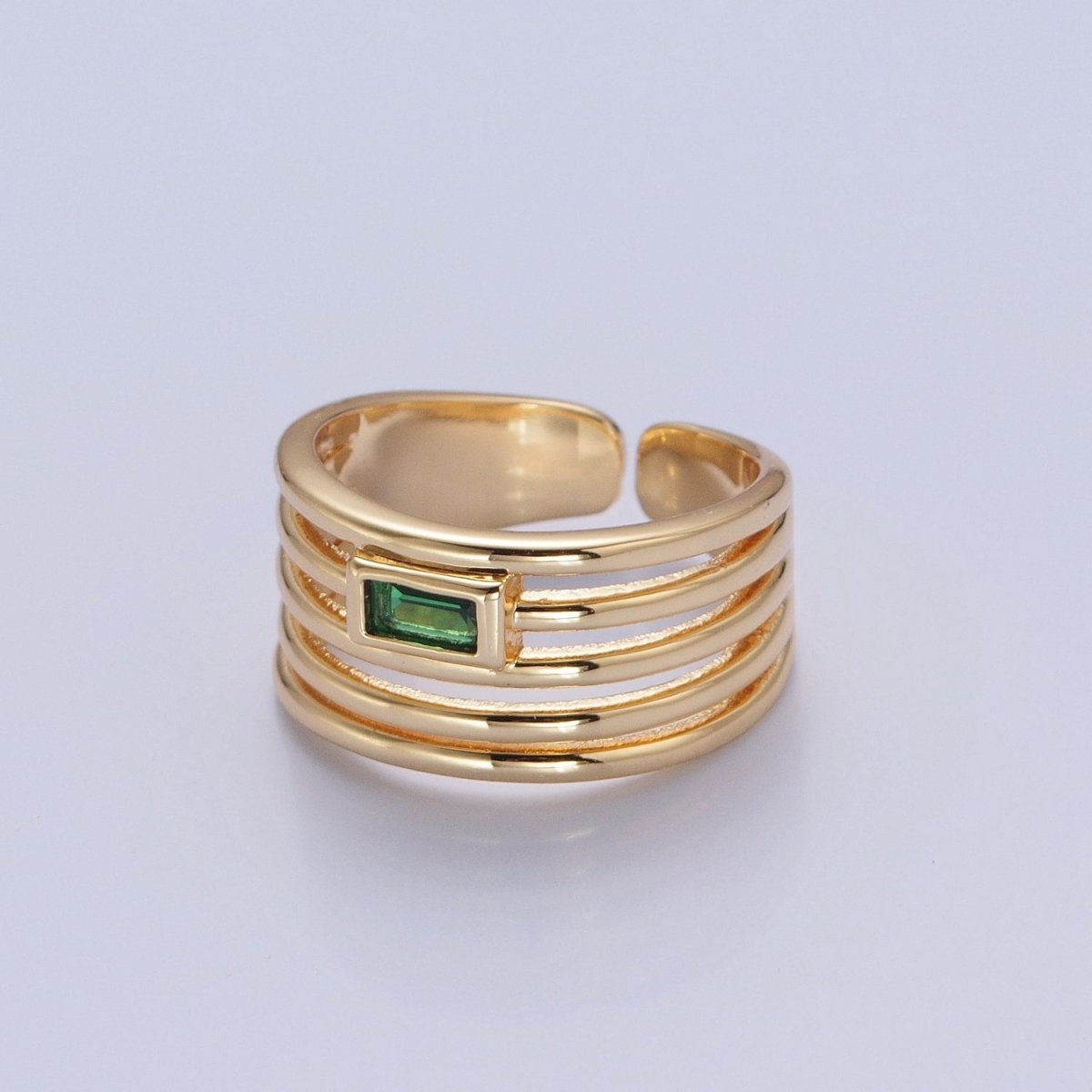 24K Gold Filled Multiband Signet Ring with Emerald Green Baguette CZ Cubic Zirconia O-2284 - DLUXCA